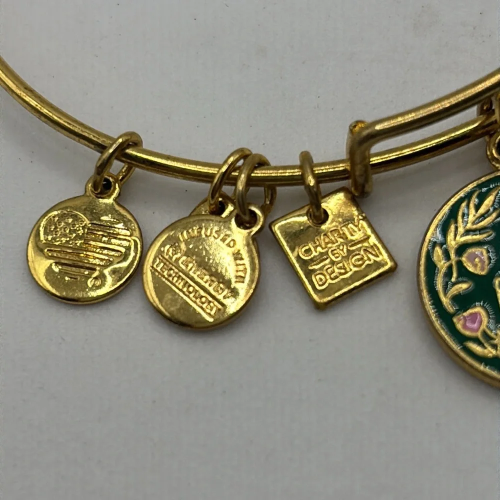 Alex and Ani gold charm bangle bracelet stretch Friend and Be Brave charms